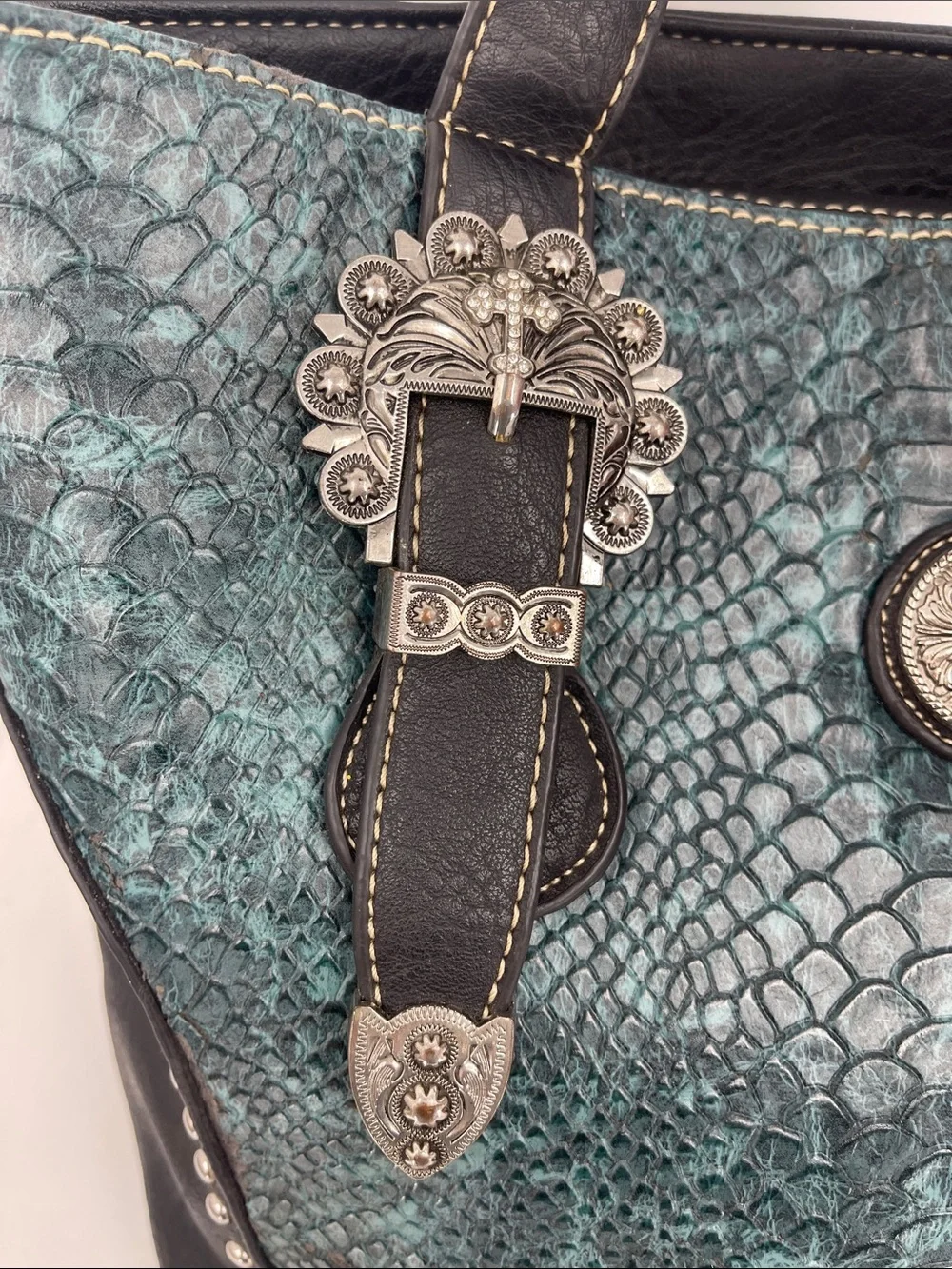 P&G Teal Textured Tote/SHOULDER Bag with Silver Conchos and Buckles